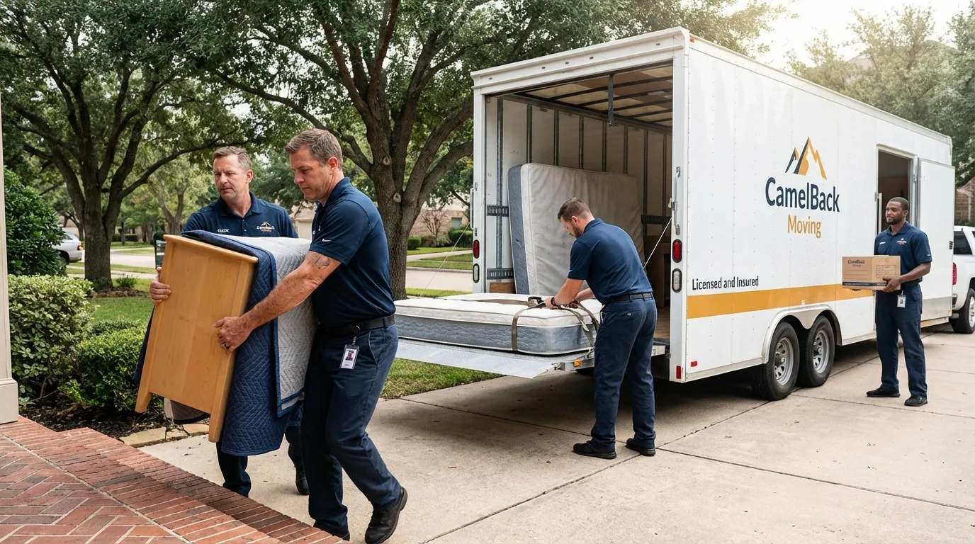 Crew loading residential truck for cross-state move from Lake Andes, SD
