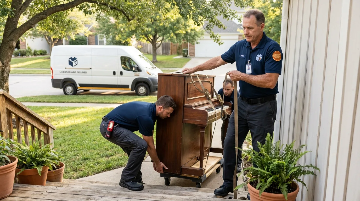 Licensed piano movers securing grand piano in Lake Andes, SD