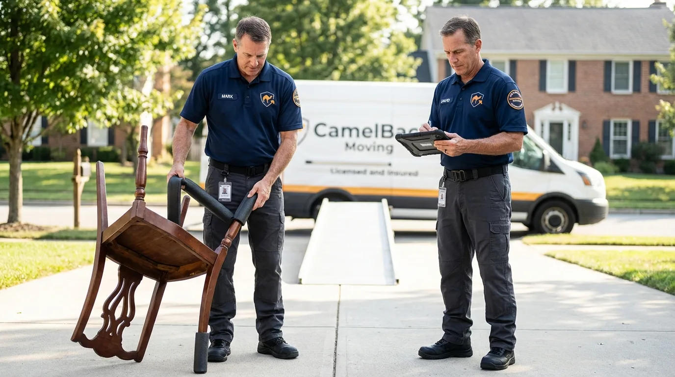 Movers inspecting furniture for damage prevention before loading in Lake Andes, SD