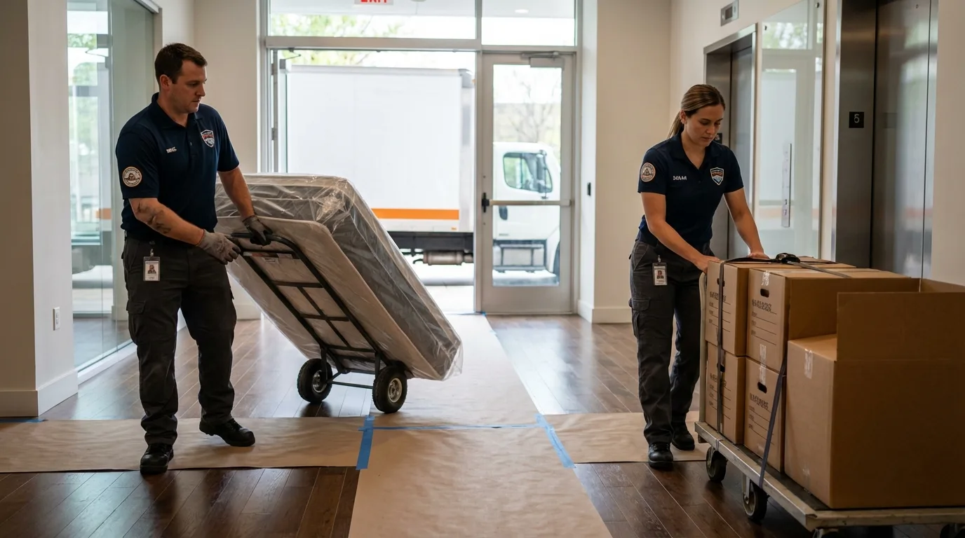 Professional apartment movers loading elevator in Lake Andes, SD