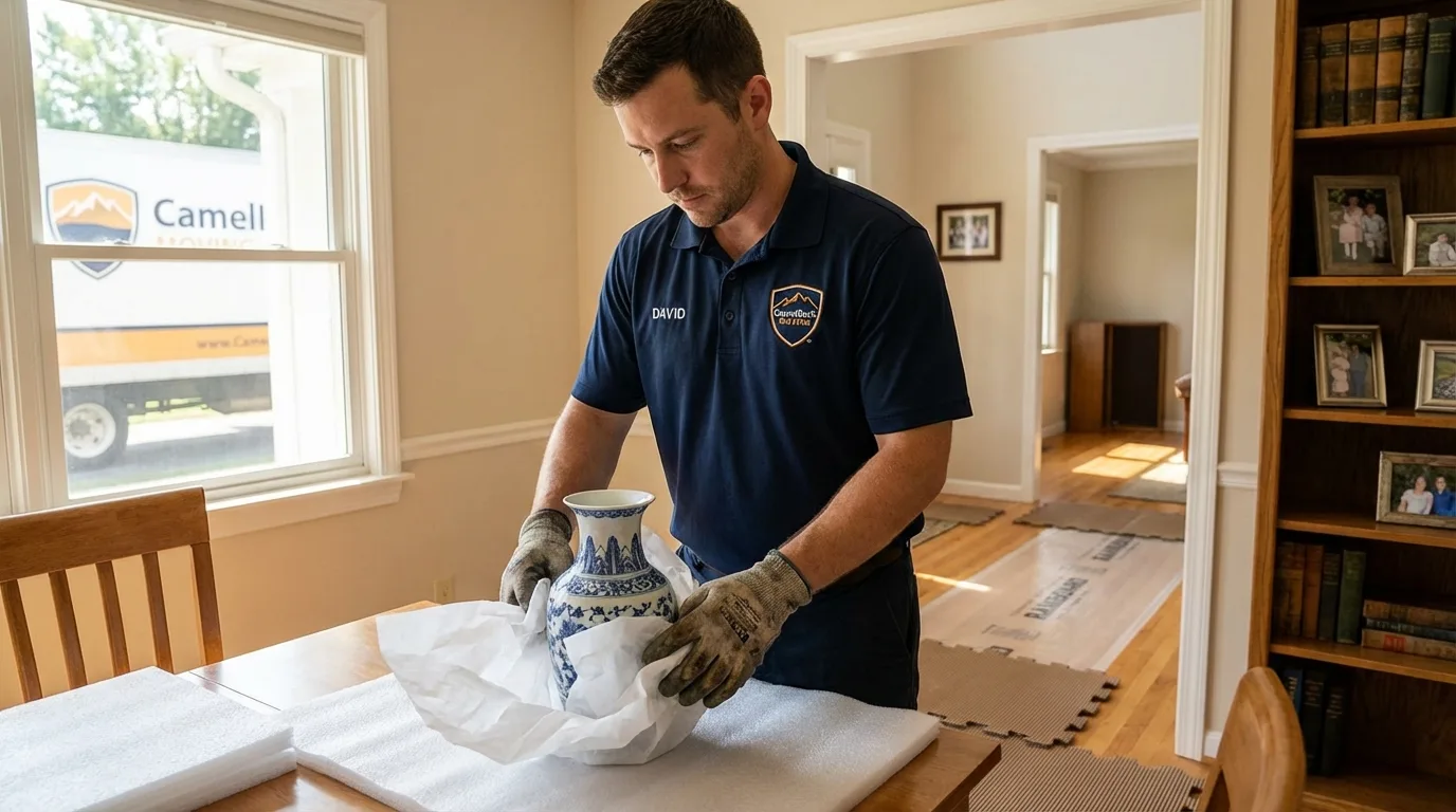 Professional crew carefully wrapping antique vase for senior downsizing move in Lake Andes, SD
